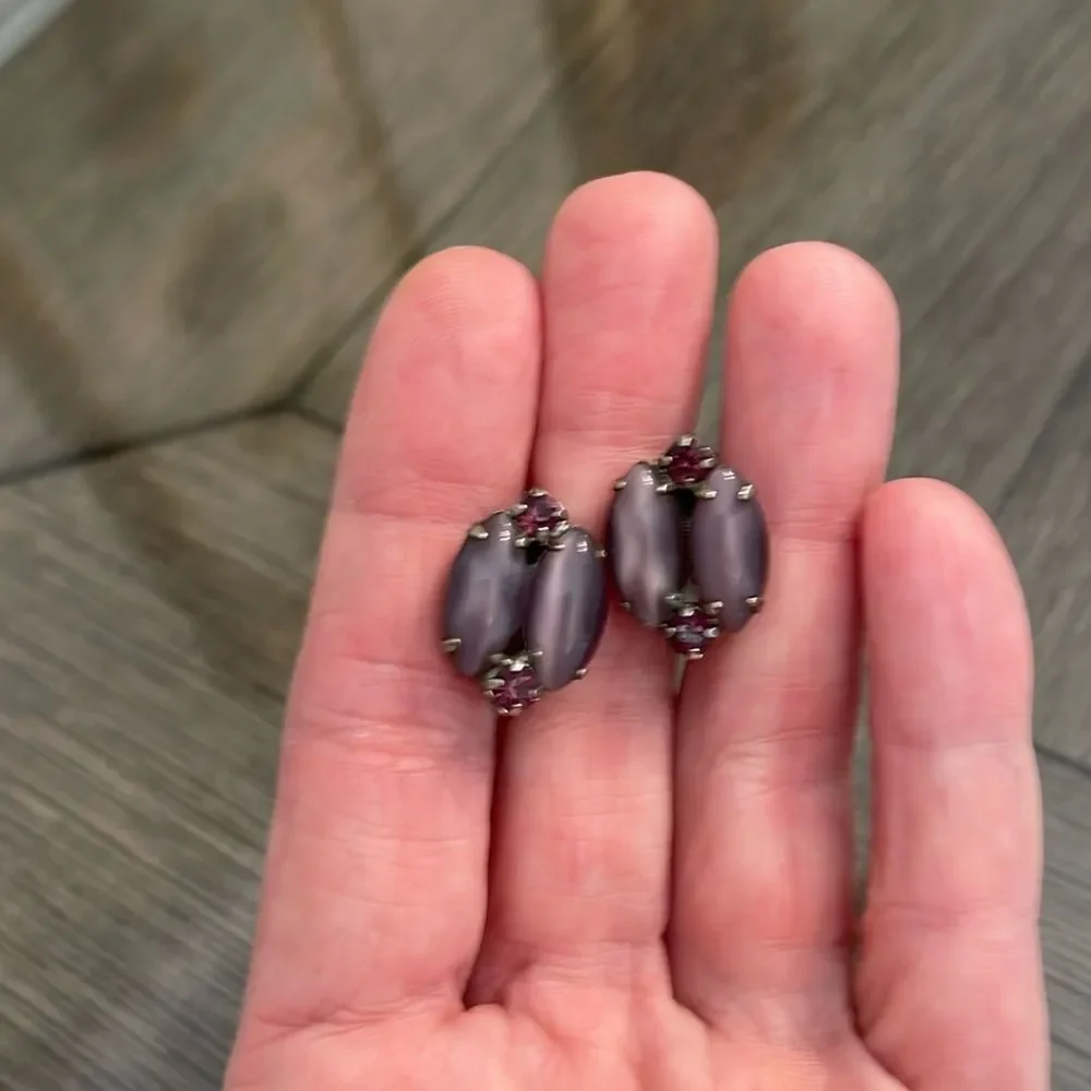 Vintage Clip Earrings Purple Cats Eye & Rhinestones